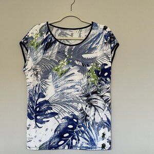 Flowy Summer Lightweight Round Neck Short Sleeve Top Blue Leaves XL